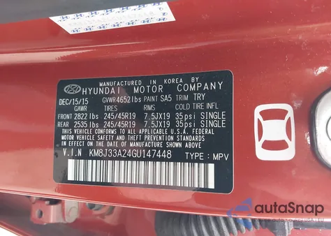 2016 Hyundai Tucson Limited z USA, uszkodzony, nr VIN KM8J33A24GU147448